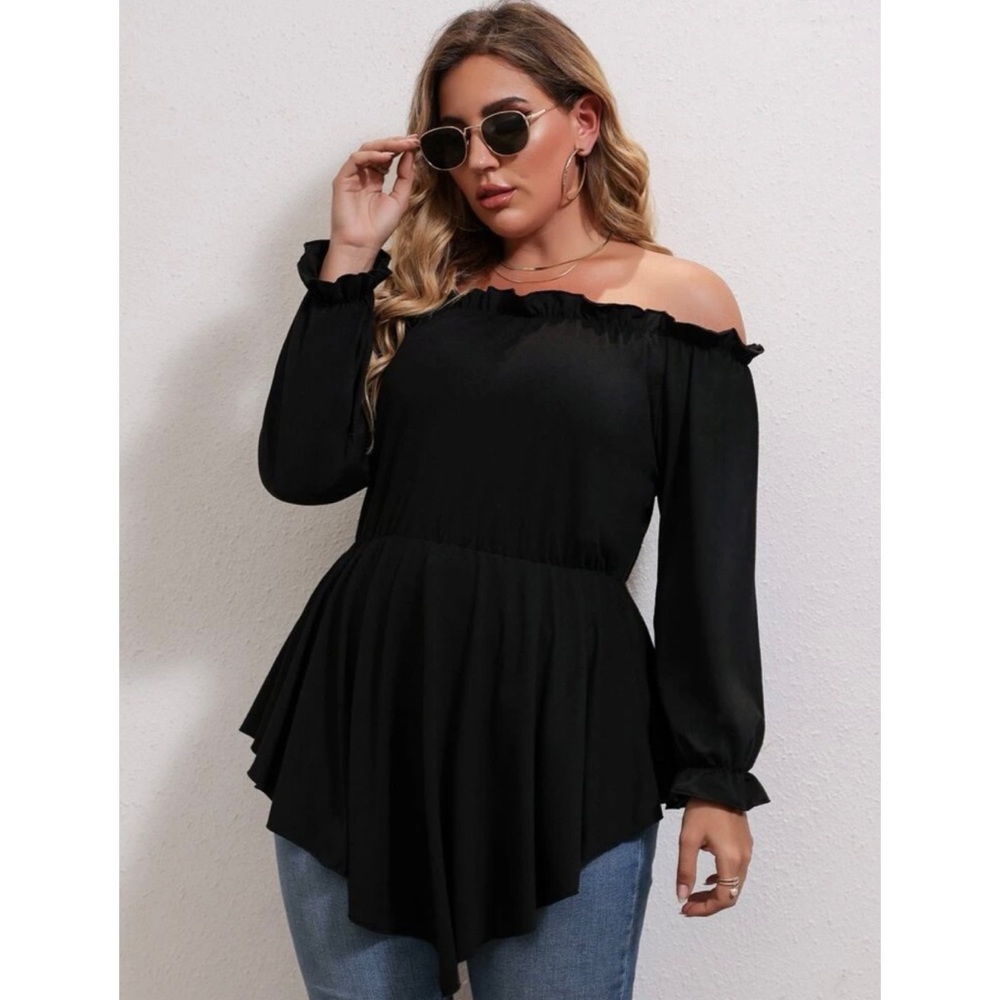 SHEIN Plus Off Shoulder Frill Trim Hanky Hem Blouse